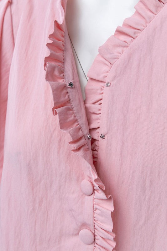 Short Bubble Sleeve Button Down Ruffle Top Pink