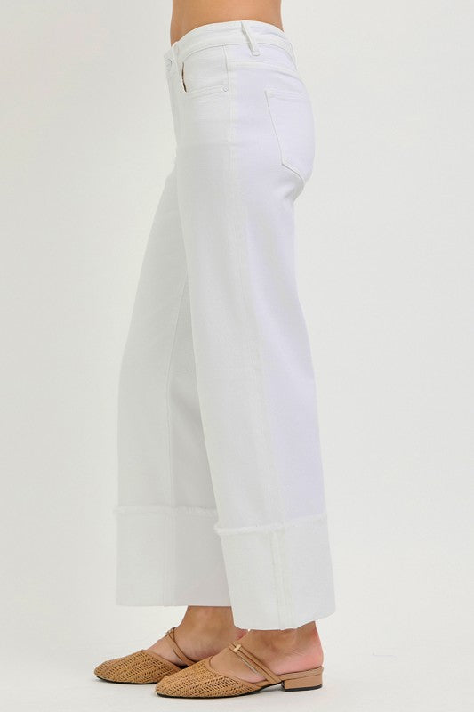 Mid Rise Cuffed Wide Leg Jeans White