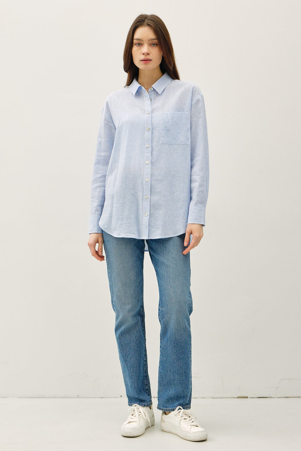 Long Sleeve Button Down Stripe Print Top Blue