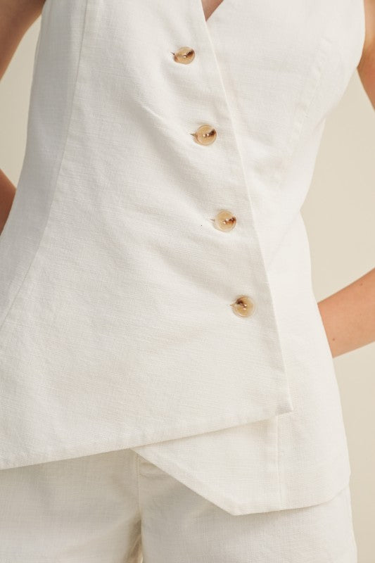 Sleeveless Button Down Asymmetrical Woven Top White
