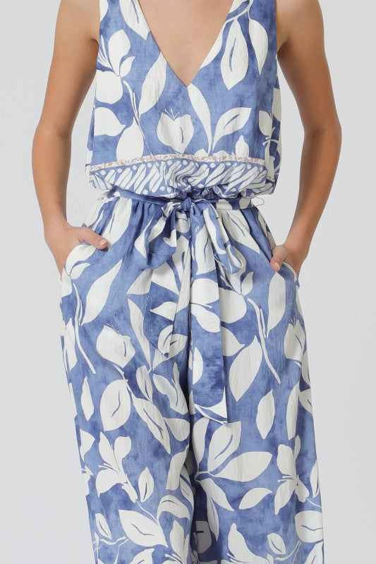 Sleeveless Waist Tie Tropical Print Wide Leg Jumpsuit Blue