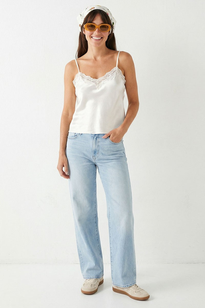 Sleeveless Lace Trim Satin Cami Top White