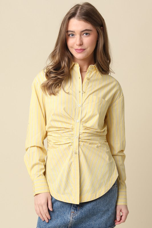Long Sleeve Button Down Cinched Waist Stripe Print Top Yellow