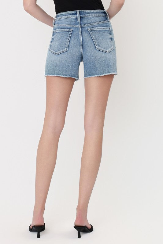 High Rise Raw Hem Denim Shorts Light Wash
