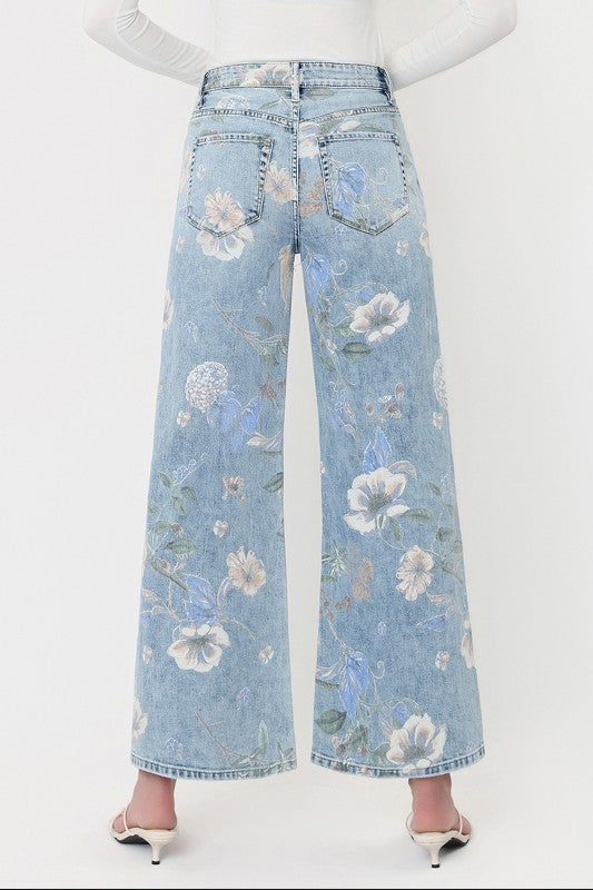 High Rise Vintage Floral Wide Leg Jeans Light Wash