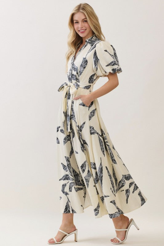 Short Bubble Sleeve Waist Tie Abstract Print Maxi Dress Navy
