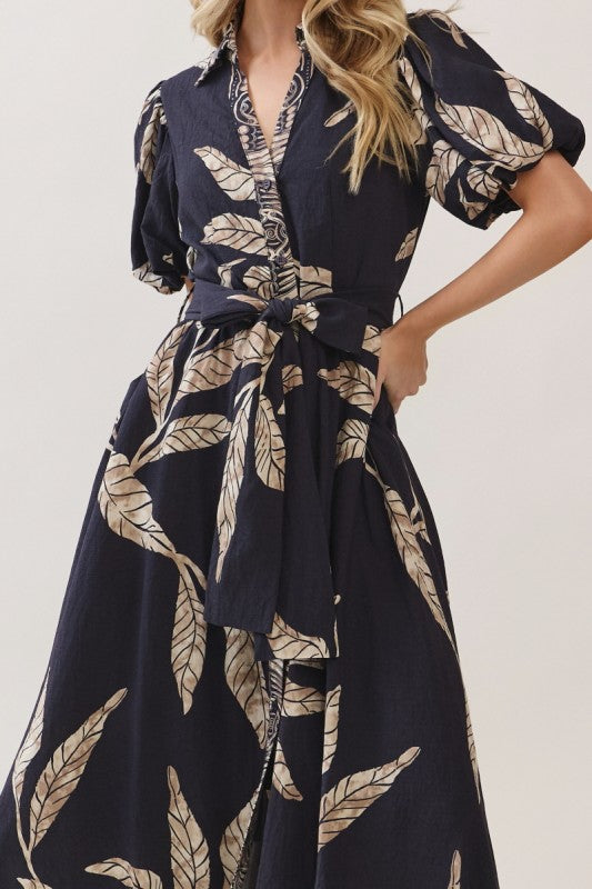 Short Bubble Sleeve Waist Tie Abstract Print Maxi Dress Black