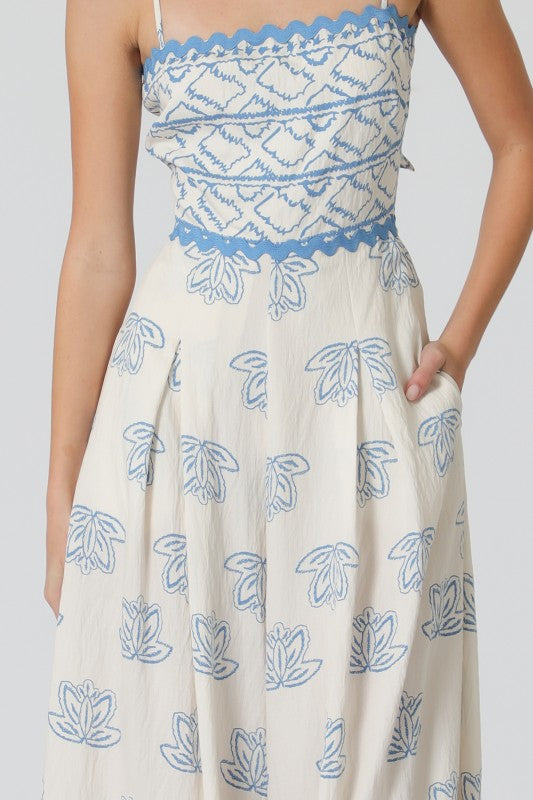 Sleeveless Back Tie Abstract Print Wide Leg Jumpsuit White