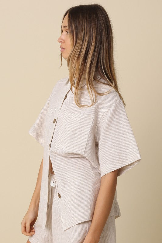 Short Sleeve Button Down Stripe Print Linen Top Khaki