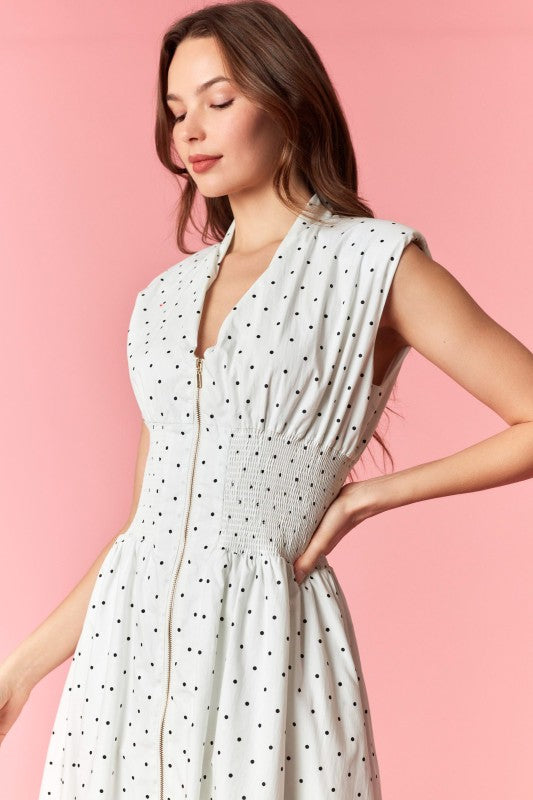 Sleeveless Zip Up Polka Dot Print Midi Dress White