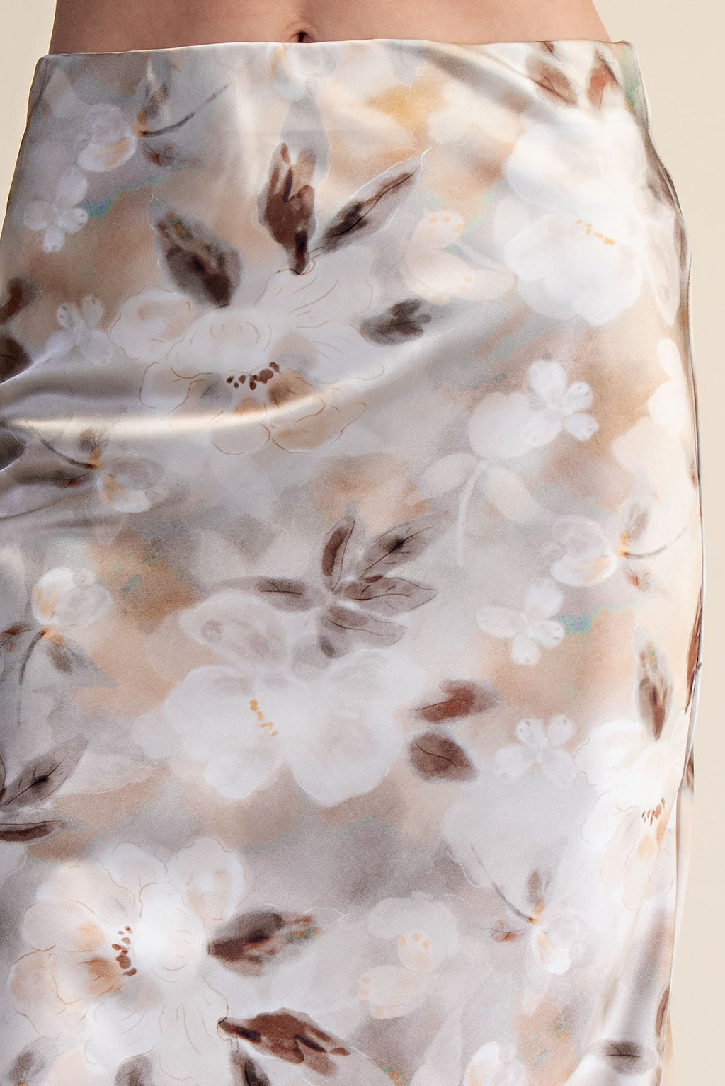 High Waist Romantic Floral Print Satin Midi Skirt Taupe