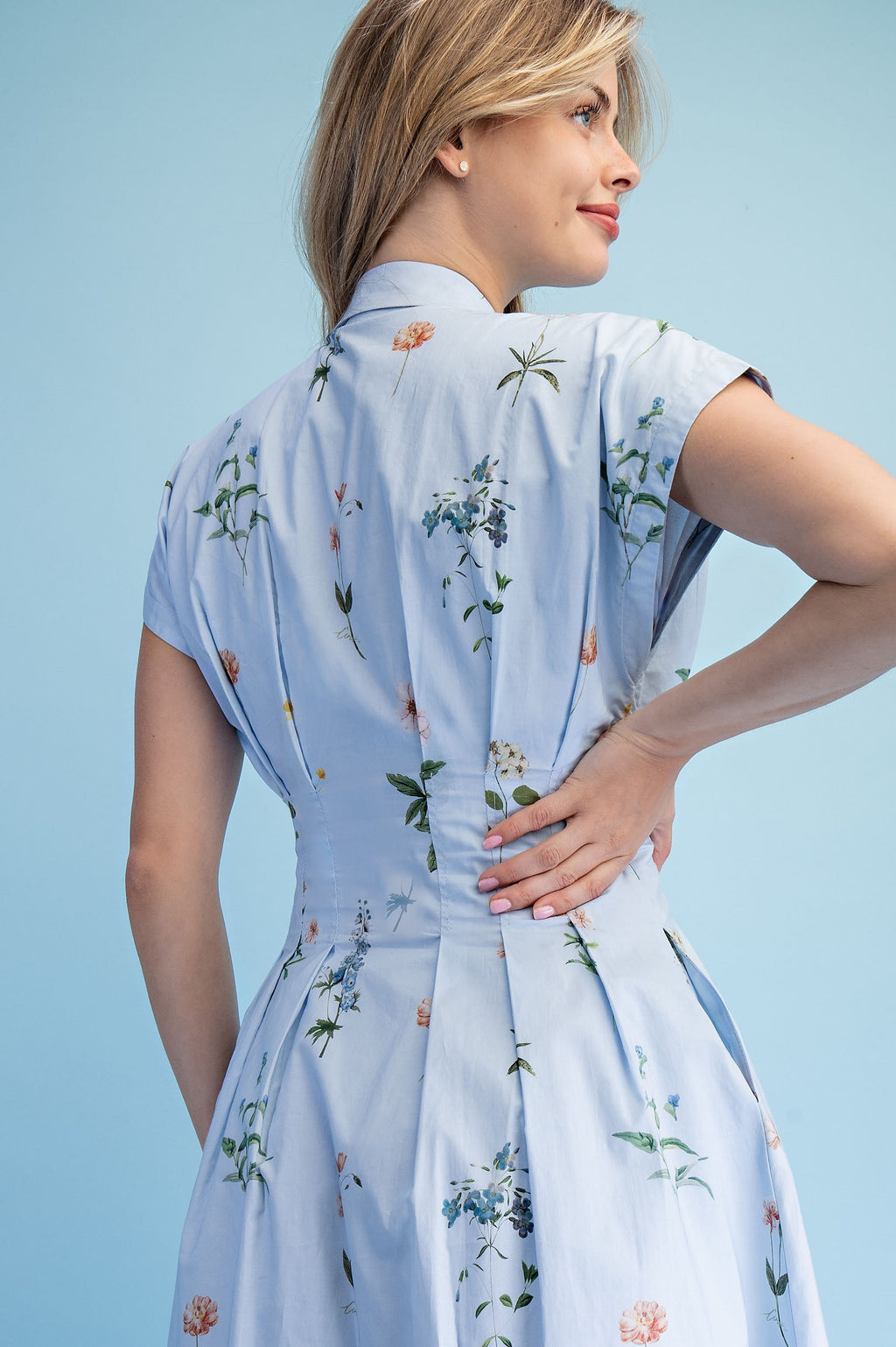 Sleeveless Button Down Floral Print Midi Dress Blue