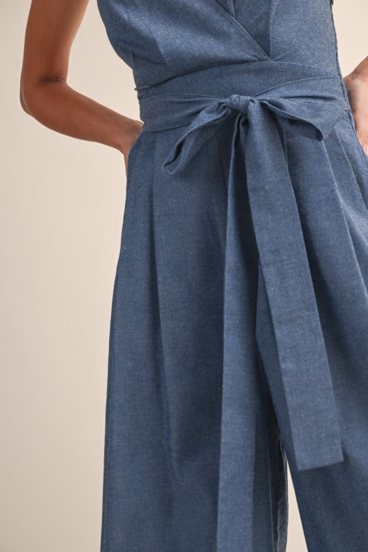 Sleeveless Halter Waist Tie Wide Leg Denim Jumpsuit Medium Wash