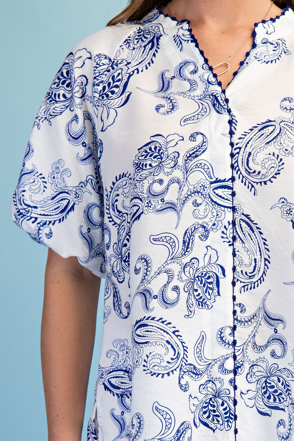 Short Bubble Sleeve Button Down Paisley Print Top Blue