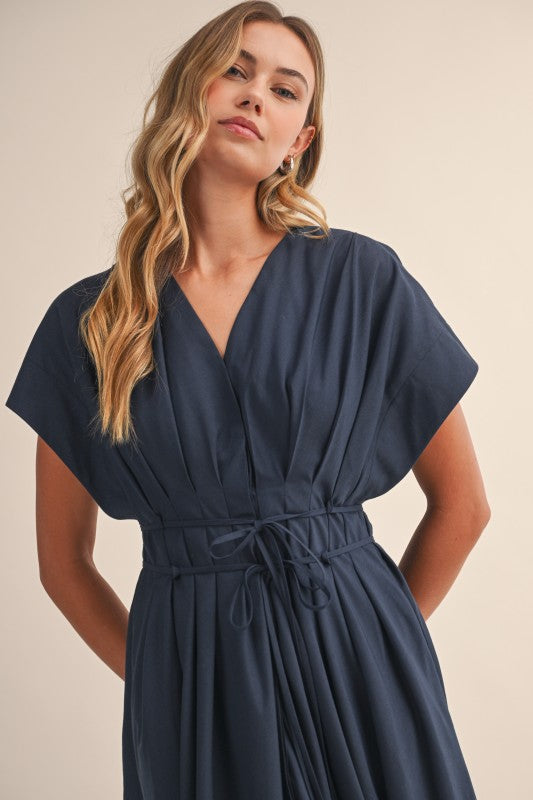 Short Sleeve Waist Tie Maxi Dress Navy