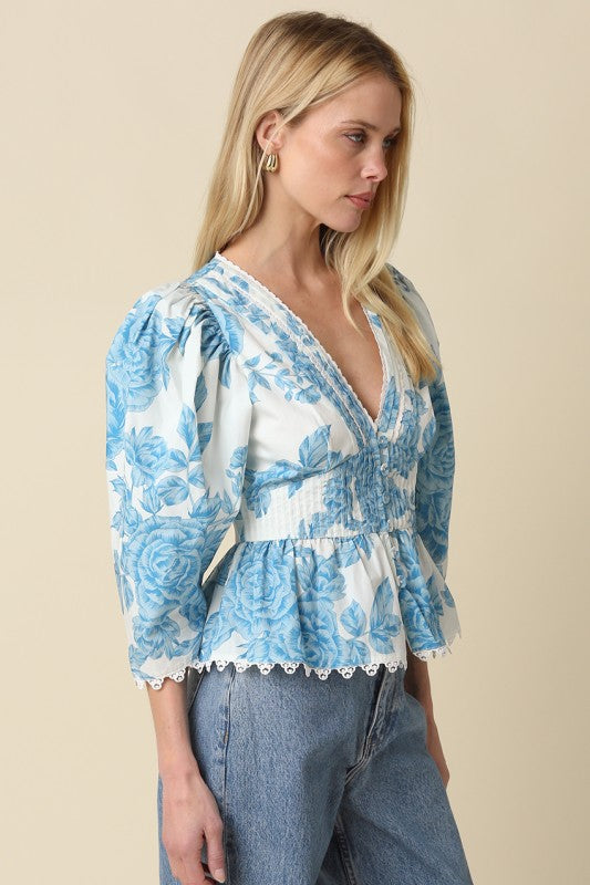 3/4 Puff Sleeve Button Down Floral Print Peplum Top White