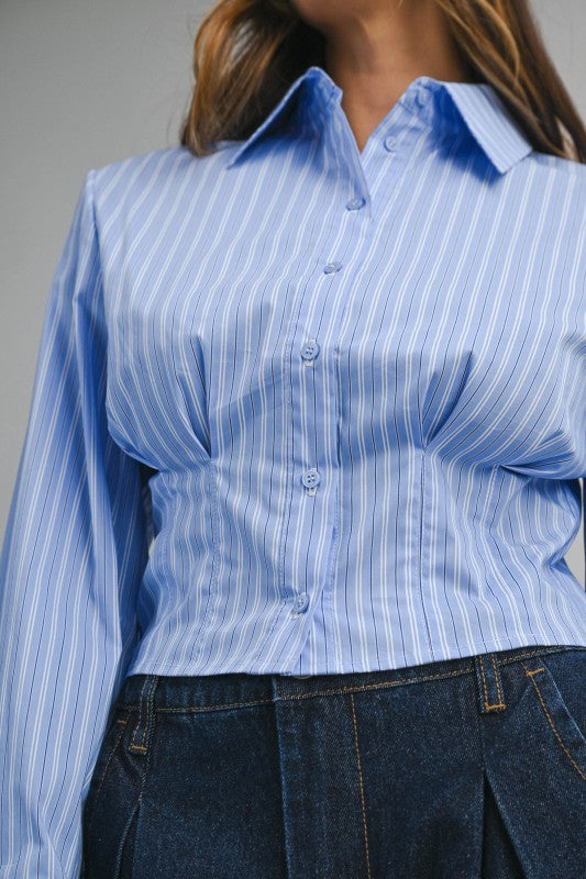 Long Sleeve Cropped Button Down Stripe Print Top Blue
