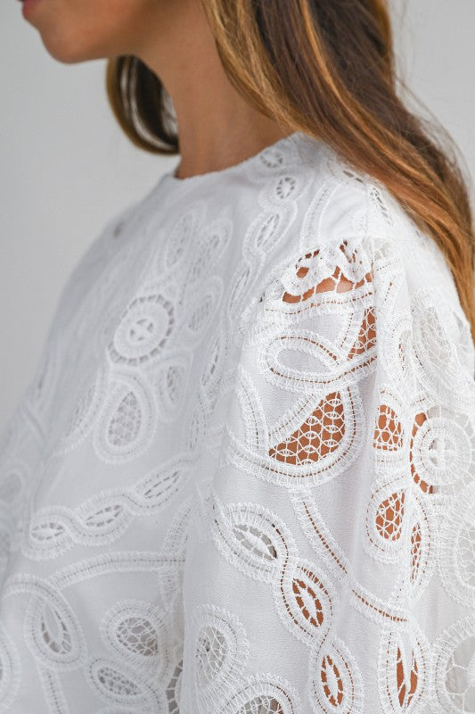 Long Sleeve Eyelet Floral Lace Crop Top White