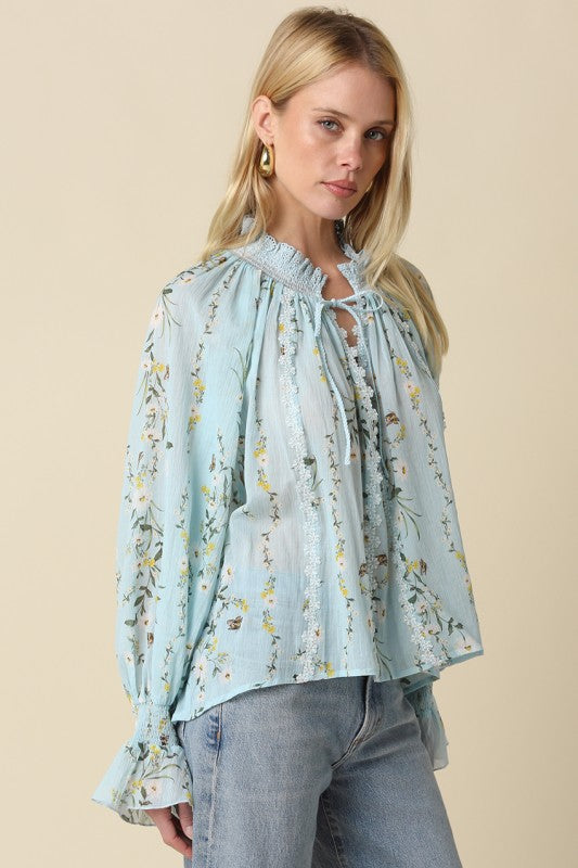 Long Sleeve Front Tie Floral Print Top Blue