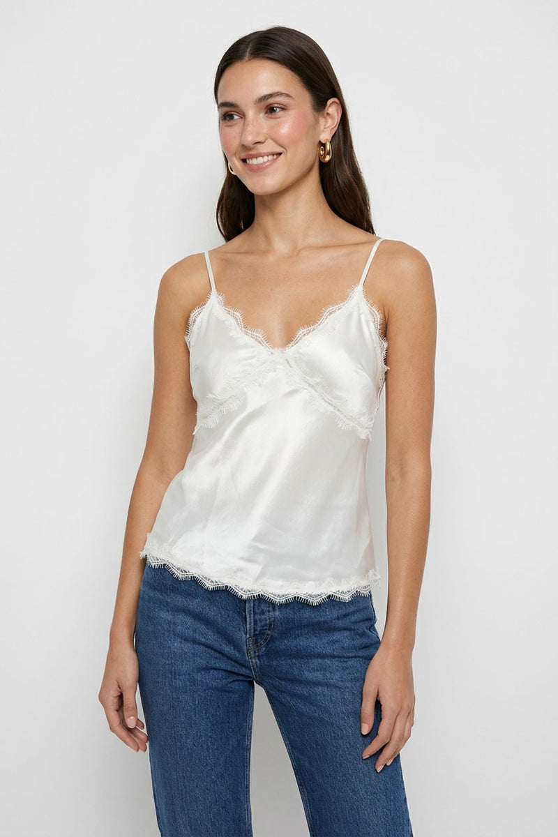Sleeveless Playful Lace Trim Satin Cami Top White