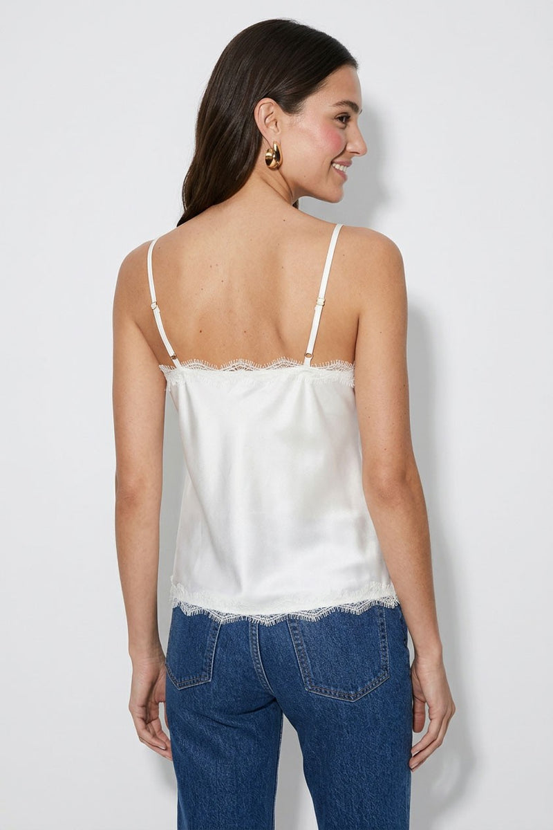 Sleeveless Playful Lace Trim Satin Cami Top White