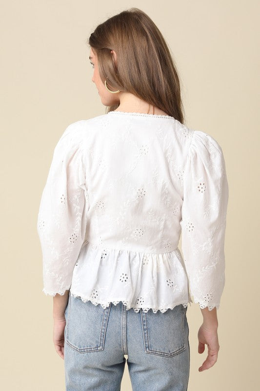 3/4 Sleeve Floral Eyelet Button Down Peplum Top White