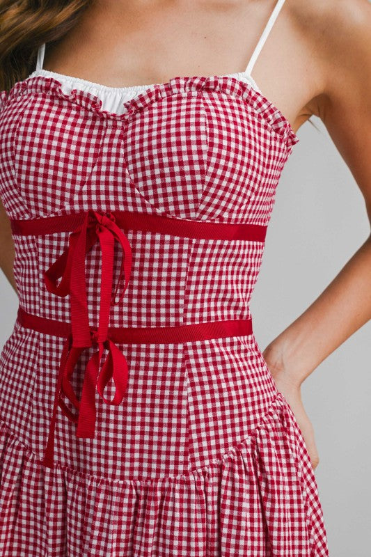 Sleeveless Back Tie Gingham Print Midi Dress Red