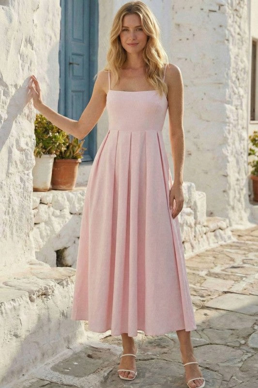 Sleeveless Open Back Tie Midi Dress Pink