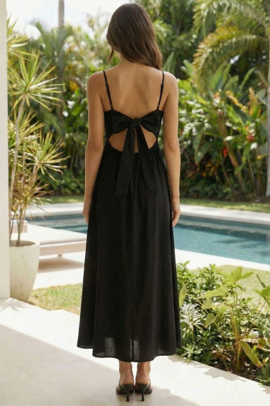 Sleeveless Open Back Tie Midi Dress Black