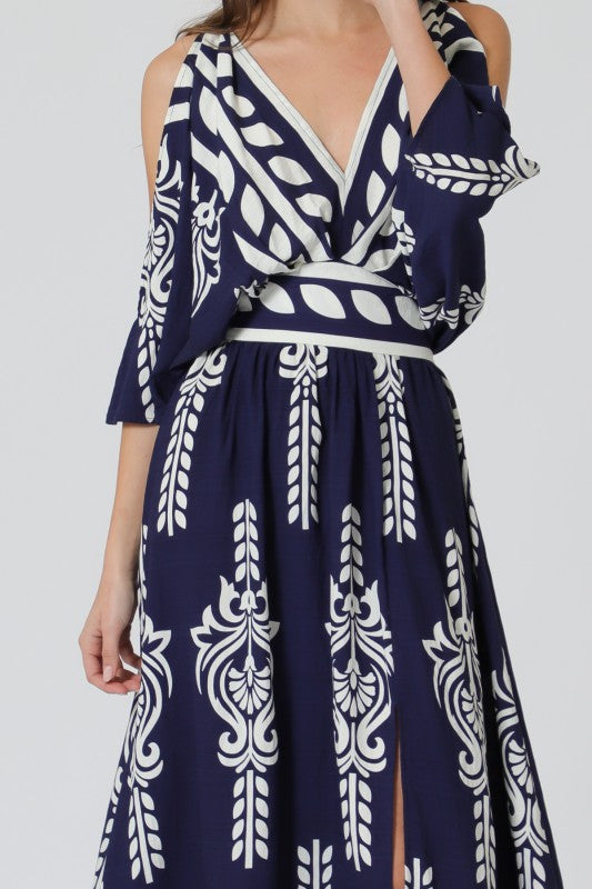  Short Kimono Cut Out Sleeve Border Print Maxi Dress Navy
