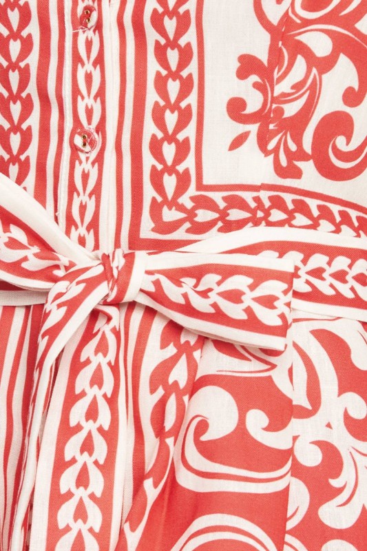 Sleeveless Button Down Waist Tie Abstract Print Romper Red