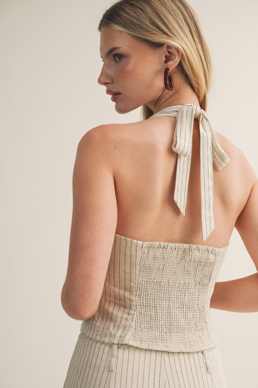 Sleeveless Halter Stripe Print Top Natural