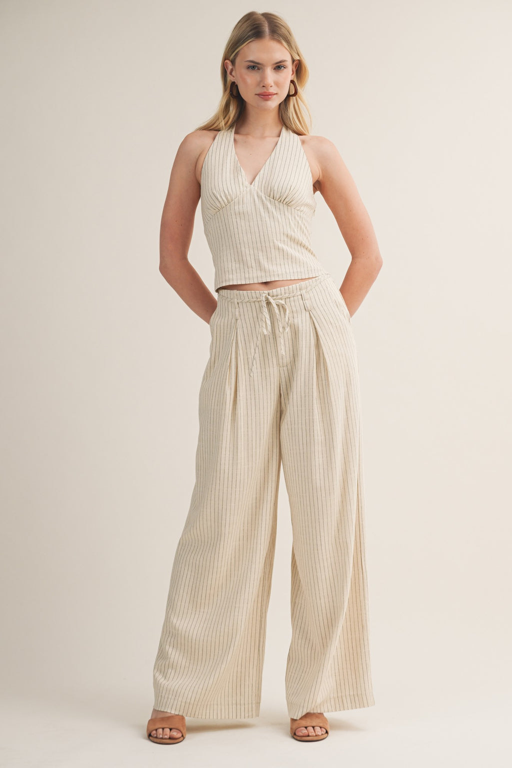 Sleeveless Halter Stripe Print Woven Top Natural