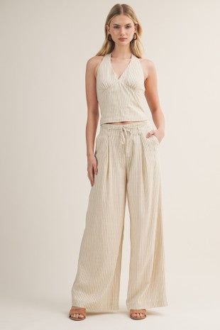 High Waist Stripe Print Wide Leg Woven Pants Natural