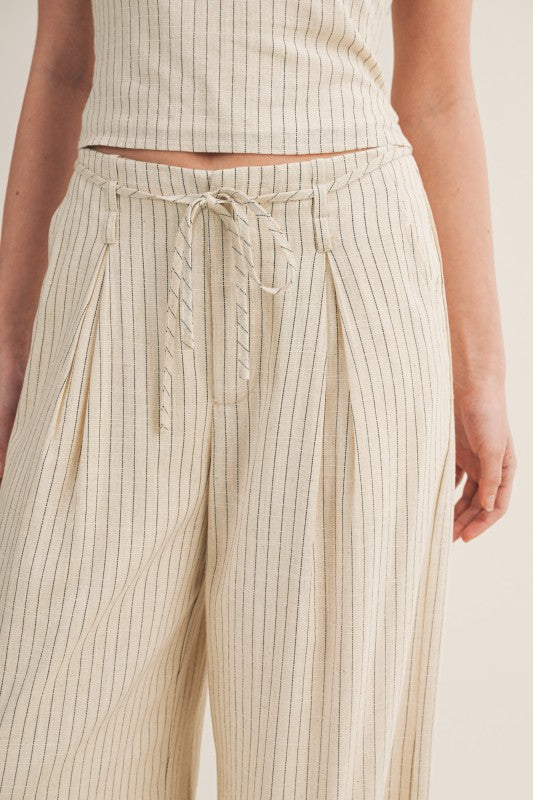 High Waist Wide Leg Stripe Print Pleated Pants Natural