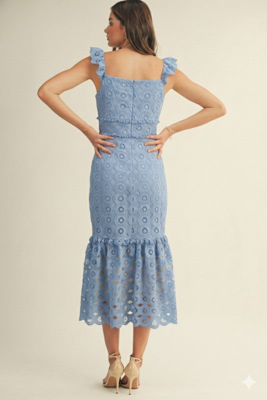 Sleeveless Geometric Eyelet Lace Midi Blue