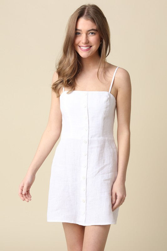  Sleeveless Button Down Linen Mini Dress White