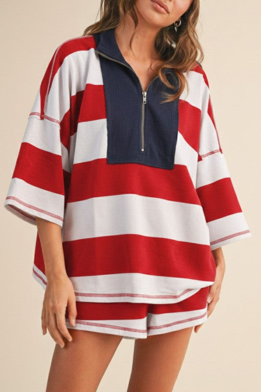 Short Sleeve Top And High Waist Stripe Print Shorts Set Red