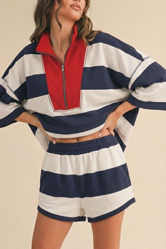 Short Sleeve Top And High Waist Stripe Print Shorts Set Navy