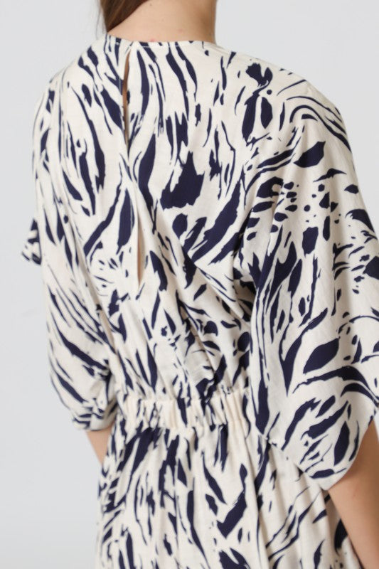 Short Kimono Sleeve Waist Tie Abstract Print Romper Navy