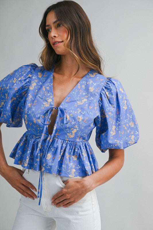 Short Puff Sleeve Front Tie Floral Print Peplum Crop Top Blue