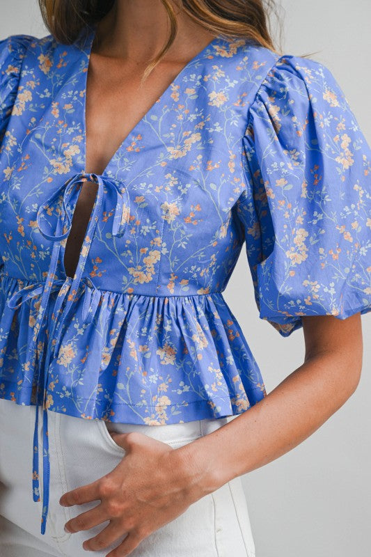 Short Puff Sleeve Front Tie Floral Print Peplum Crop Top Blue