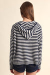 Long Sleeve Zip Up Stripe Print Knit Hoodie Sweater Navy