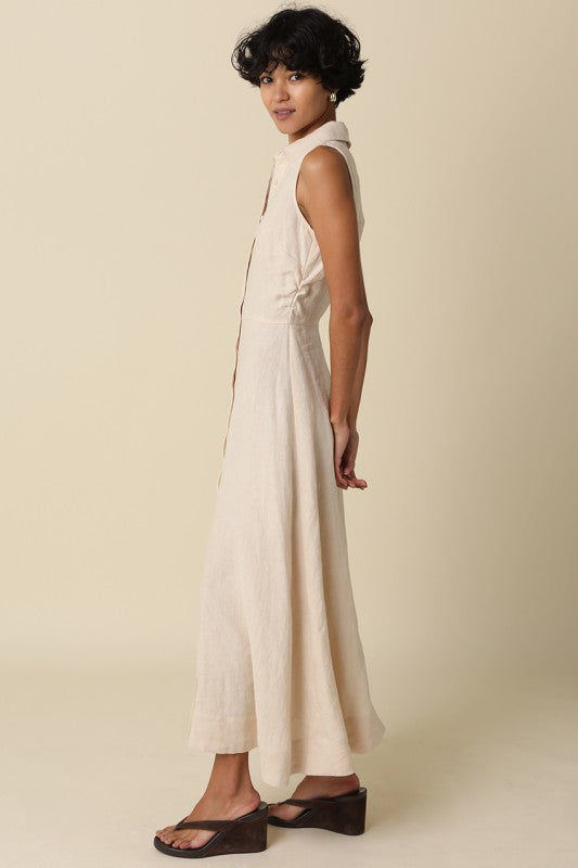 Sleeveless Button Down Linen Maxi Dress Natural