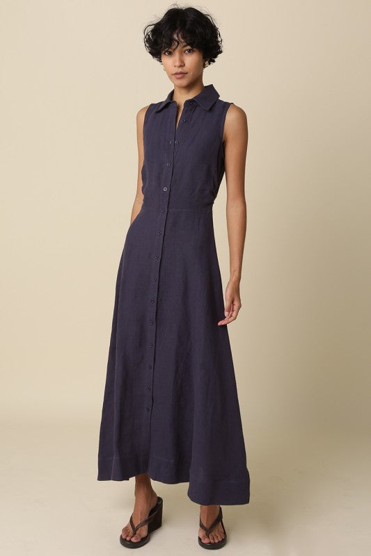 Sleeveless Button Down Linen Maxi Dress Navy