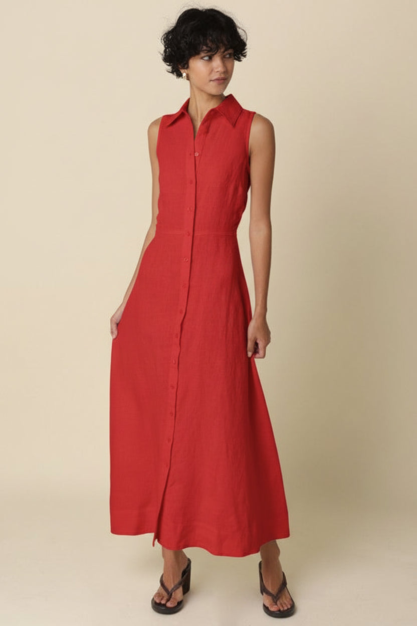 Sleeveless Button Down Linen Maxi Dress Red
