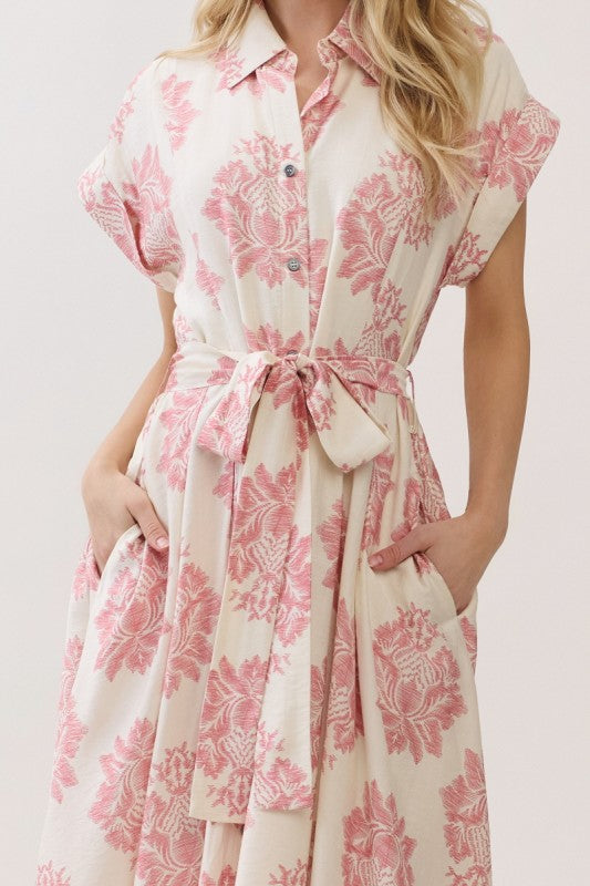 Sleeveless Waist Tie Button Front Abstract Print Midi Dress Pink