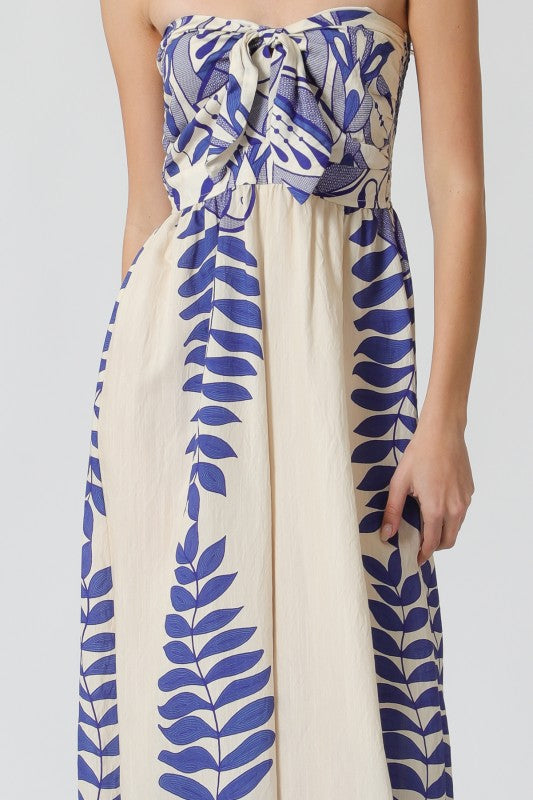 Sleeveless Back Tie Border Print Wide Leg Jumpsuit Blue