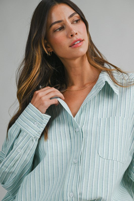 Long Sleeve Button Down Stripe Print Top Mint