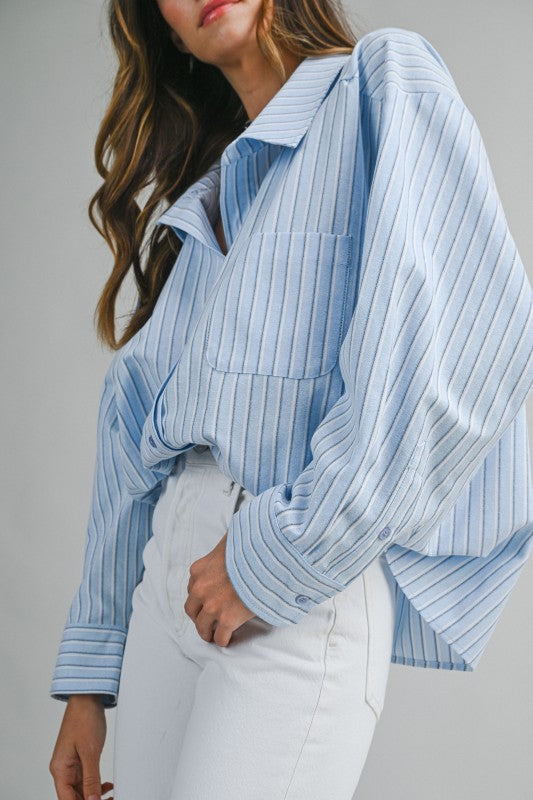 Long Sleeve Button Down Stripe Print Top Blue